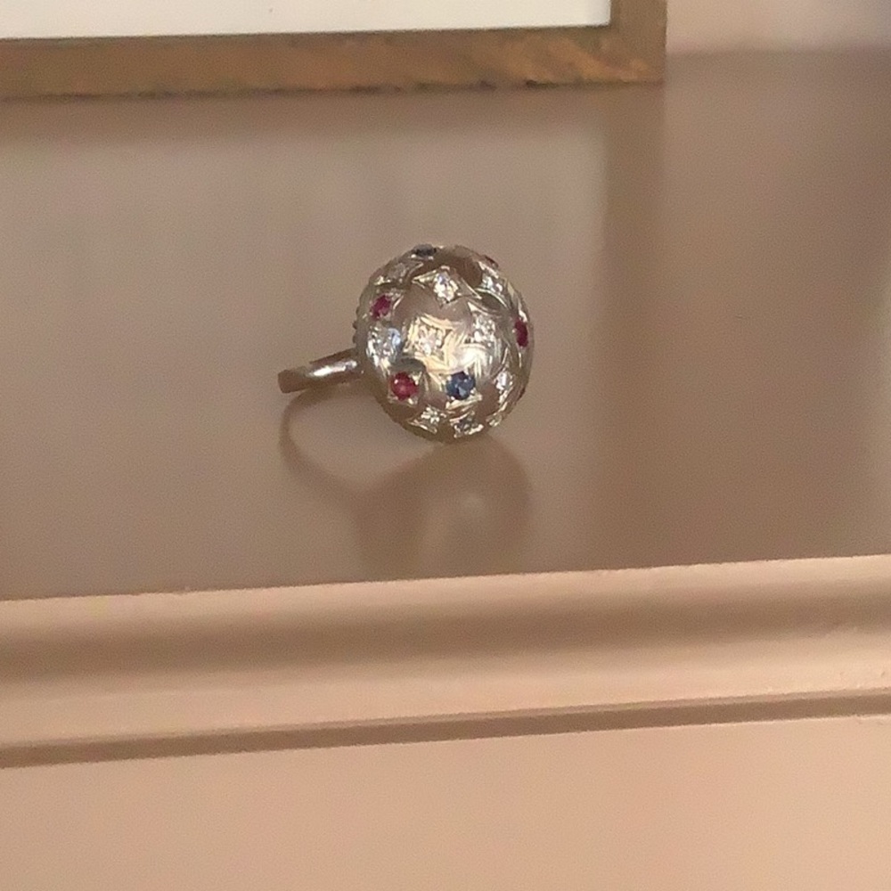 Unique diamond, sapphire, ruby, dome ring.